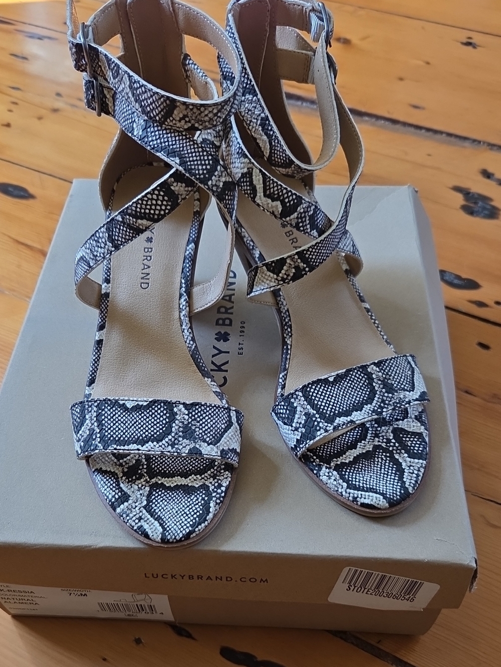 Lucky Brand Brand New Snake-Print Strappy Heels, US 7.5 LK-RESSIA